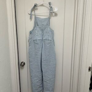 Madewell pinstripes blue and white tie overalls